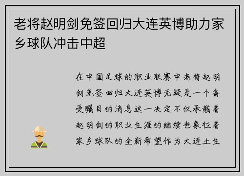 老将赵明剑免签回归大连英博助力家乡球队冲击中超