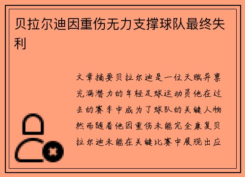 贝拉尔迪因重伤无力支撑球队最终失利