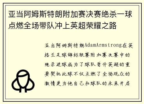 亚当阿姆斯特朗附加赛决赛绝杀一球点燃全场带队冲上英超荣耀之路