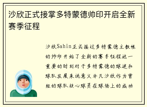 沙欣正式接掌多特蒙德帅印开启全新赛季征程