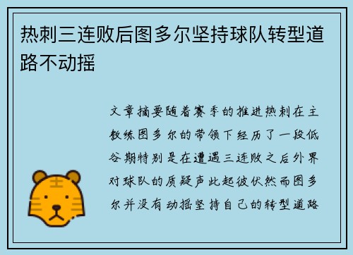 热刺三连败后图多尔坚持球队转型道路不动摇